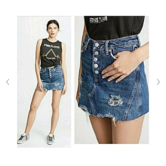 NEW Free People Harvey Distressed A-Line Button Down Mini Jean Skirt 25 - Picture 1 of 9